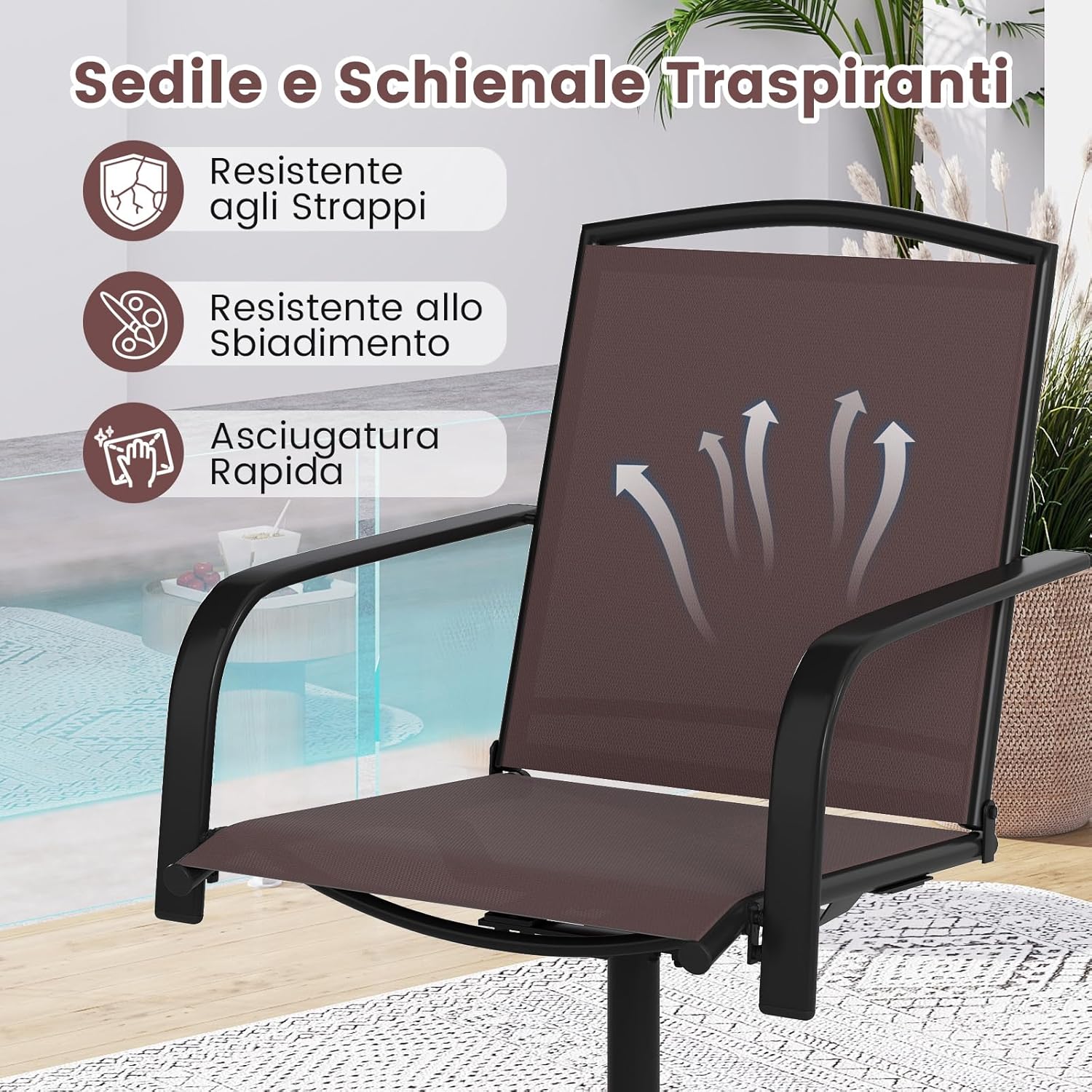 Set di 2 Sedie da Patio Girevoli, Poltrone a Dondolo in Rete a 360° con Schienale Alto e Base Rotonda in Metallo, Sedia a Dondolo Robuste per Giardino Balcone, Portata 150 kg (Marrone)
