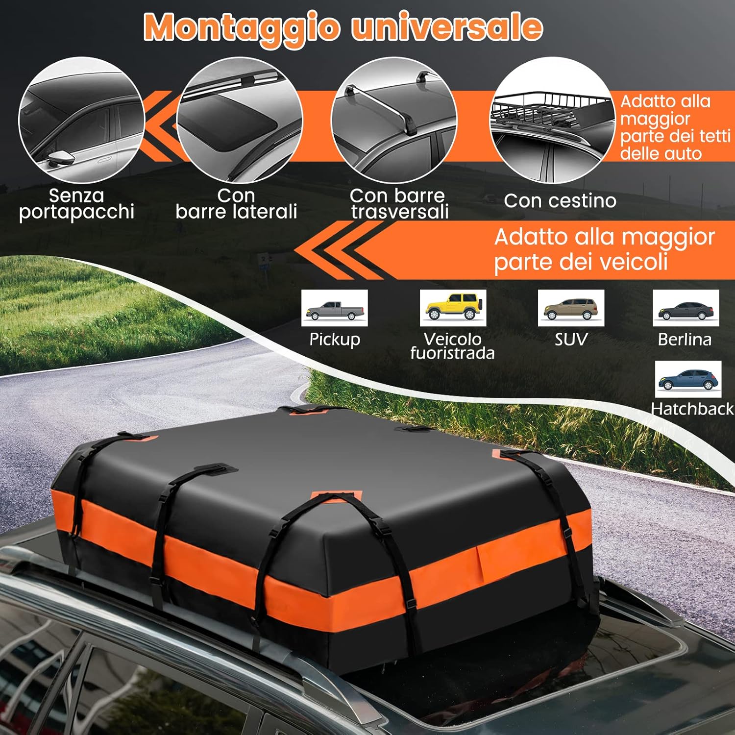 Borsa da Tetto per Auto 424L, Box Tetto Auto per Bagagli Impermeabile Pieghevole, con Tappetino Antiscivolo, per Tutti i Veicoli Con/Senza Barre Portapacchi, con Serratura