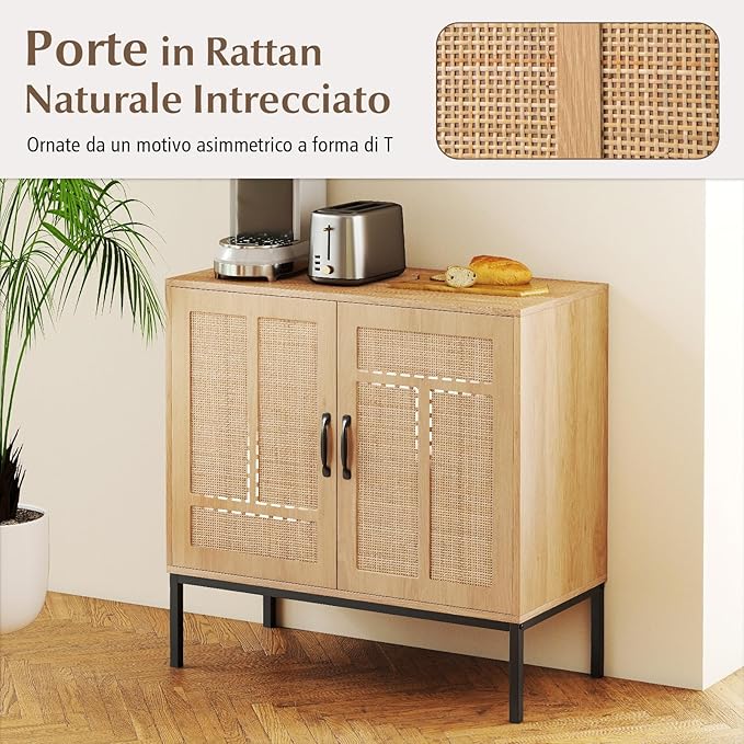 Credenza da Cucina, Armadio con 2 Ante Intrecciate in Rattan, Ripiano Regolabile a 3 Posizioni, Armadietto Boho per Cucina, Sala da Pranzo, Soggiorno e Corridoio, 80 x 38 x 81 cm (Naturale)