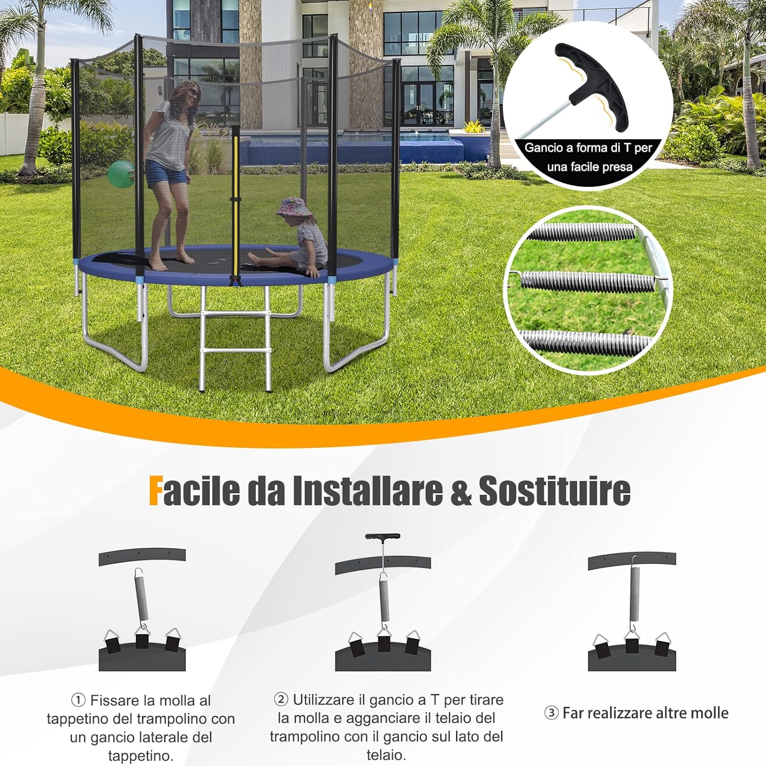 Molla Elastica e Sostitutiva per Trampolino, Kit di Accessori per Trampolino con 20 Molle di 18 cm Resistenti in Acciaio Galvanizzato e Gancio di Trazione a Forma di T