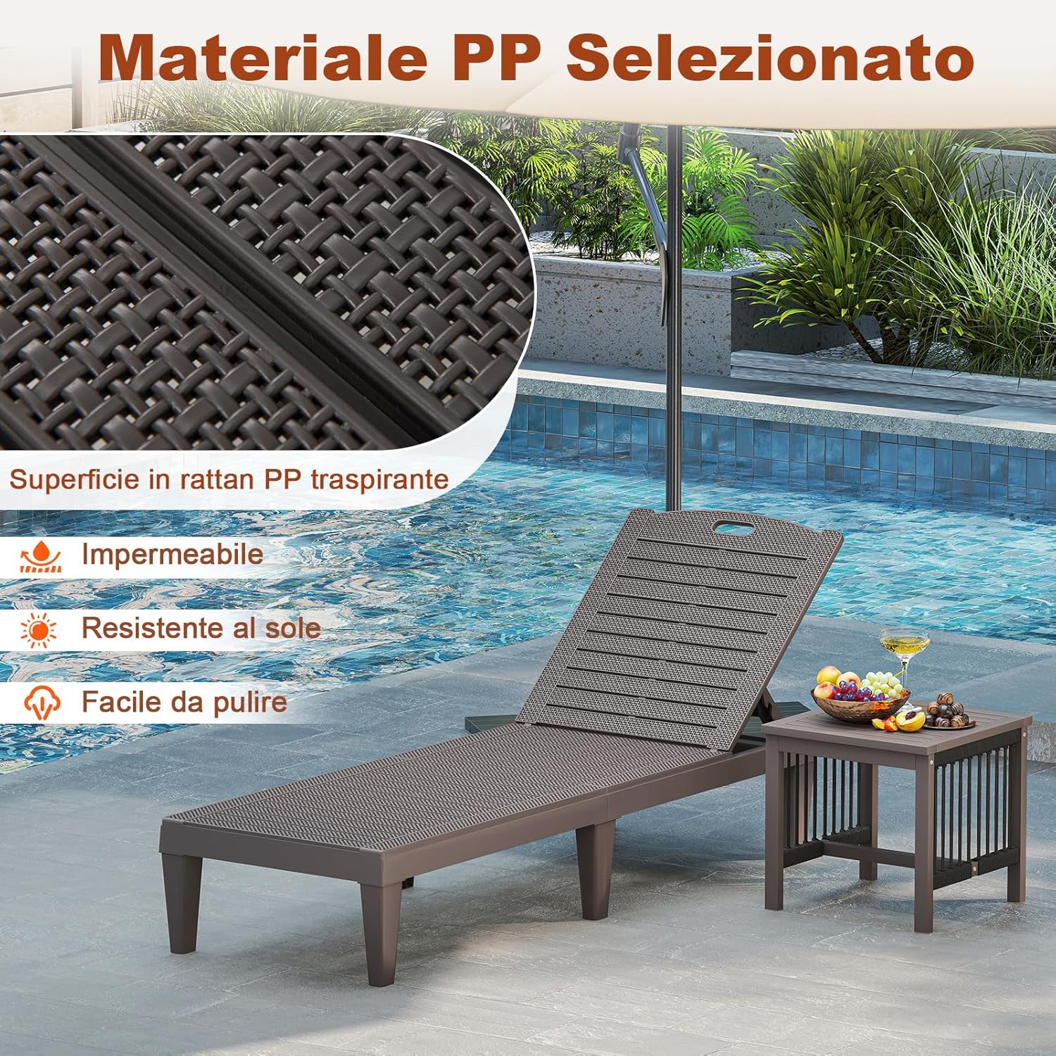 Set di 2 Sedie a Sdraio, Lettino Prendisole da Esterno in PP con Schienali Regolabili in 4 Posizioni, Sedia Reclinabile per Patio, Piscina, Terrazza, Portata 160 kg (Marrone)