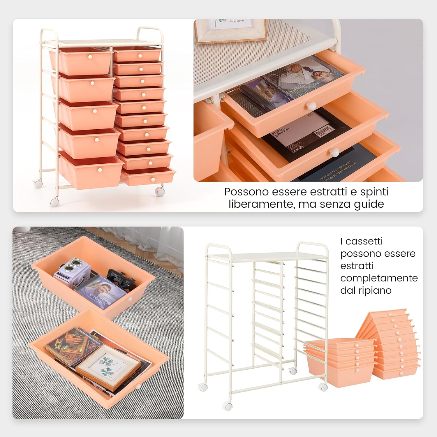 Carrello con 15 Cassetti Impilabili, Carrello di Stoccaggio con Ruote, Carello Portaoggetti per Casa e Ufficio, 62,5 x 37 x 87 cm (Arancia)