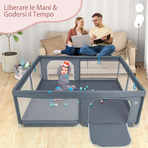Recinto per Bambini, Box per Bambini con Rete Traspirante, Centro Attività per Bambini con 50 Palline, Box Giochi per Bambini 0-3 Anni (Grigio, 200 x 180 cm)