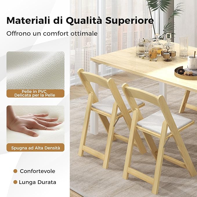 Set di 2 Sedie da Pranzo, Sedia da Cucina Pieghevole con Gambe in Legno di Gomma & Sedile Imbottito, Sedia Portatile per Matrimonio & Festa, Nessun Montaggio Richiesto, Portata 160 kg