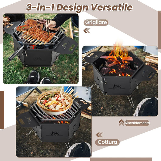 Barbecue a Carbone Portatile, Barbecue a Carbone da Esterno con Griglia Girevole a 360Â°, Corpo e Gambe Pieghevoli, per Feste, Campeggio, Escursioni