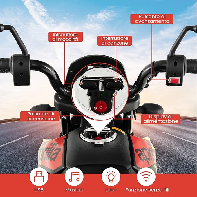 12V Aprilia Moto Cavalcabile per Bambini, Motocicletta Elettrica con Ruote Ausiliarie e Musica Wireless, Sospensione a Molla, Moto Elettrica alla Moda per Bambini 3-8 Anni (Nero)