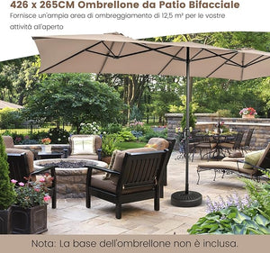 Ombrellone da Giardino Doppia Faccia 426 cm con Manovella, Tetti Ventilati, Grande Ombrellone da Esterno con Palo Metallica e 10 Stecche, per Patio Piscina Giardino (Caffè)