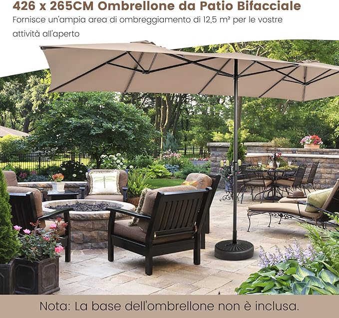 Ombrellone da Giardino Doppia Faccia 426 cm con Manovella, Tetti Ventilati, Grande Ombrellone da Esterno con Palo Metallica e 10 Stecche, per Patio Piscina Giardino (Caffè)