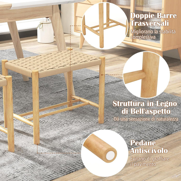 Set di 2 Sgabelli Intrecciata in Carta, Sgaballi Bassi da Soggiorno,Sgaballi Poggipiedi in Legno, Fino a 150 kg, 56 x 36 x 45 cm