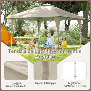 Tenda Pop-up Esterno 4x4 m Doppio Tetto, Gazebo da Giardino Altezza Regolabile con Fori di Drenaggio, Tenda da Giardino Antivento Facile da Montare con Borsa di Trasporto (Kaki)