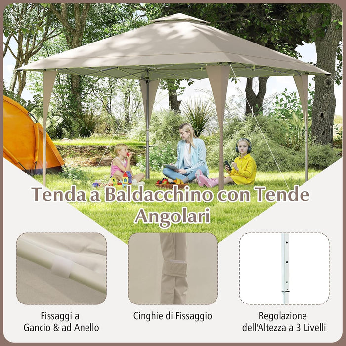 Tenda Pop-up Esterno 4x4 m Doppio Tetto, Gazebo da Giardino Altezza Regolabile con Fori di Drenaggio, Tenda da Giardino Antivento Facile da Montare con Borsa di Trasporto (Kaki)