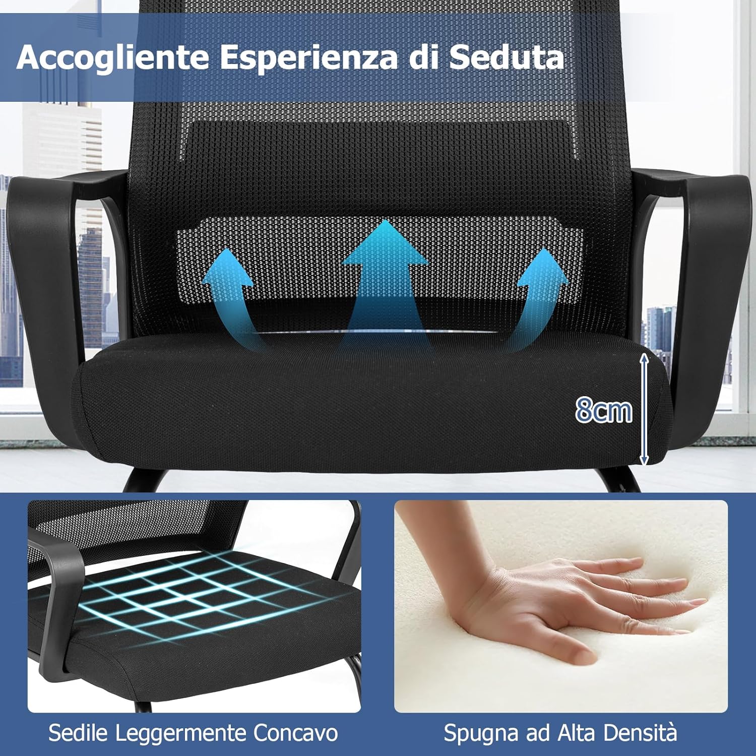 Sedia da Ufficio, Sedia da Conferenza con Supporto Lombare, Sedia Ergonomica con Base in Metallo, 62 x 59 x 94 cm