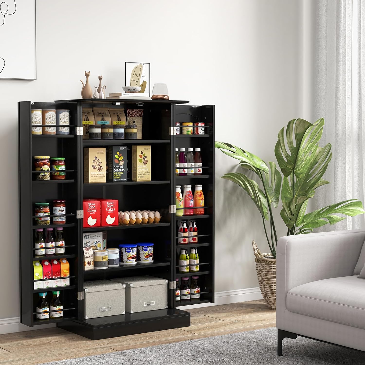 Credenza da Cucina, Mobile da Cucina Moderno con 6 Ripiani Regolabili, per Cucina, Sala da Pranzo e Soggiorno, 60 x 40 x 120 cm (Nero)