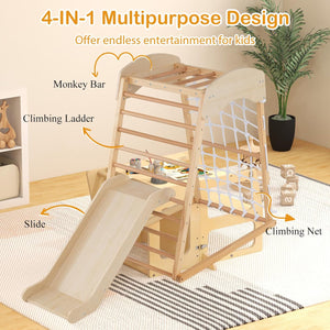 6 in 1 Struttura di Arrampicata, Triangolo da Arrampicata con Scivolo, Barra per Trazioni e Rete per Arrampicata, Parco Educativo per bambini per Interni, 1+ Anno, 105 x 67 x 112 cm (Naturale)