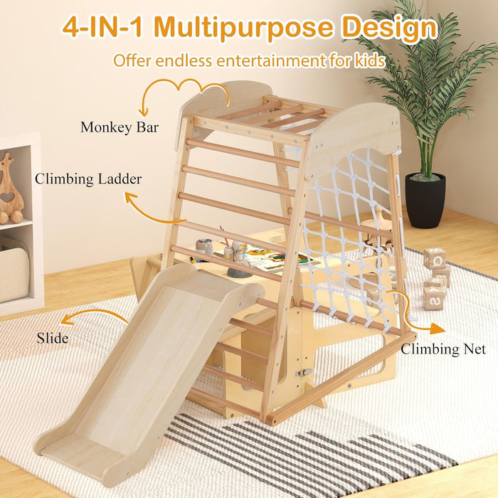 6 in 1 Struttura di Arrampicata, Triangolo da Arrampicata con Scivolo, Barra per Trazioni e Rete per Arrampicata, Parco Educativo per bambini per Interni, 1+ Anno, 105 x 67 x 112 cm (Naturale)