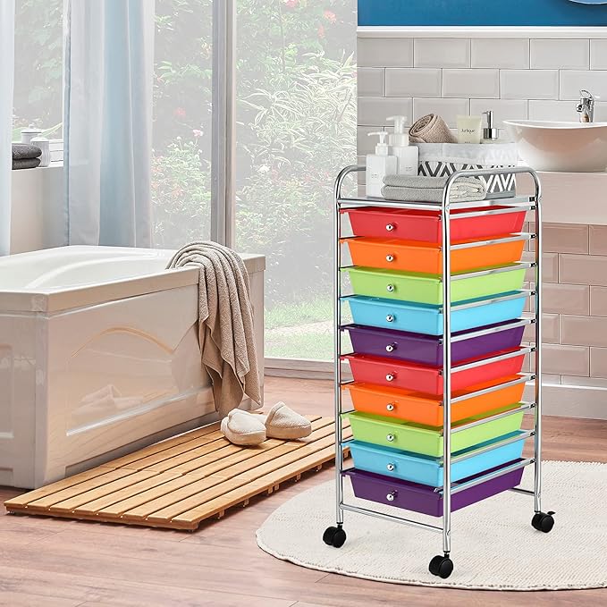 Carrello con 10 Cassetti da Stoccaggio, Cassettiera di Metallo e Plastica, Contenitore Multiuso con Ruote a Freno, per Casa e Ufficio (Arcobaleno Scuro)