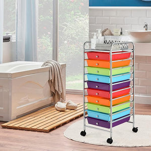 Carrello con 10 Cassetti da Stoccaggio, Cassettiera di Metallo e Plastica, Contenitore Multiuso con Ruote a Freno, per Casa e Ufficio (Arcobaleno Scuro)