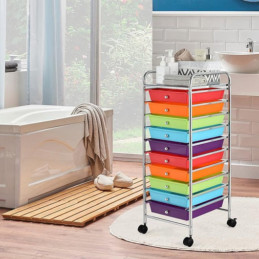 Carrello con 10 Cassetti da Stoccaggio, Cassettiera di Metallo e Plastica, Contenitore Multiuso con Ruote a Freno, per Casa e Ufficio (Arcobaleno Scuro)