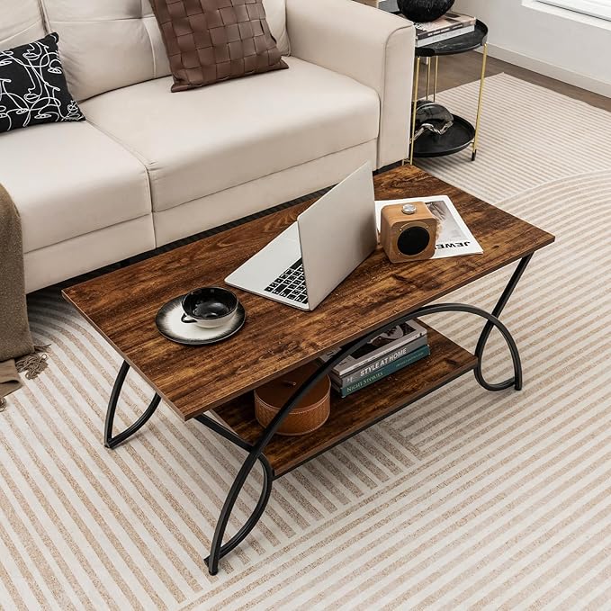Tavolino da Caffè da Salotto, Tavolino Rettangolare a 2 Livelli con Struttura in Metallo, Tavolino Elegante e Moderno per Studio, Ufficio e Soggiorno, 100 x 50 x 45 cm (marrone e nero)