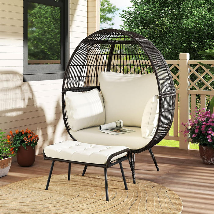 Sedia a Uovo con Poggiapiedi, Poltrona in Rattan con Struttura in Metallo e Cuscini Morbino, Portata 205 kg, Poltrona Relax per Soggiorno, Giardino, Patio e Terrazzo