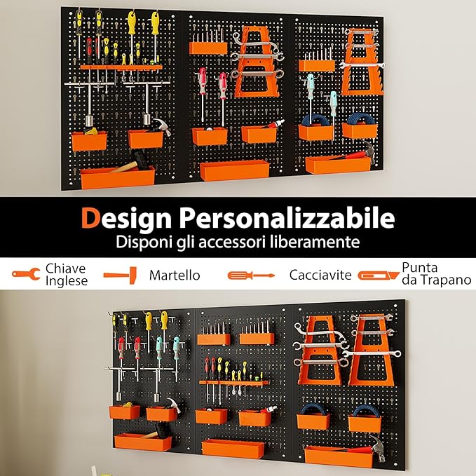 Pannello Forato da Muro, Organizzatore con 9 Contenitori, Supporti per Martelli, Portautensili e Ganci, Ideale per Garage e Officina (Arancia)