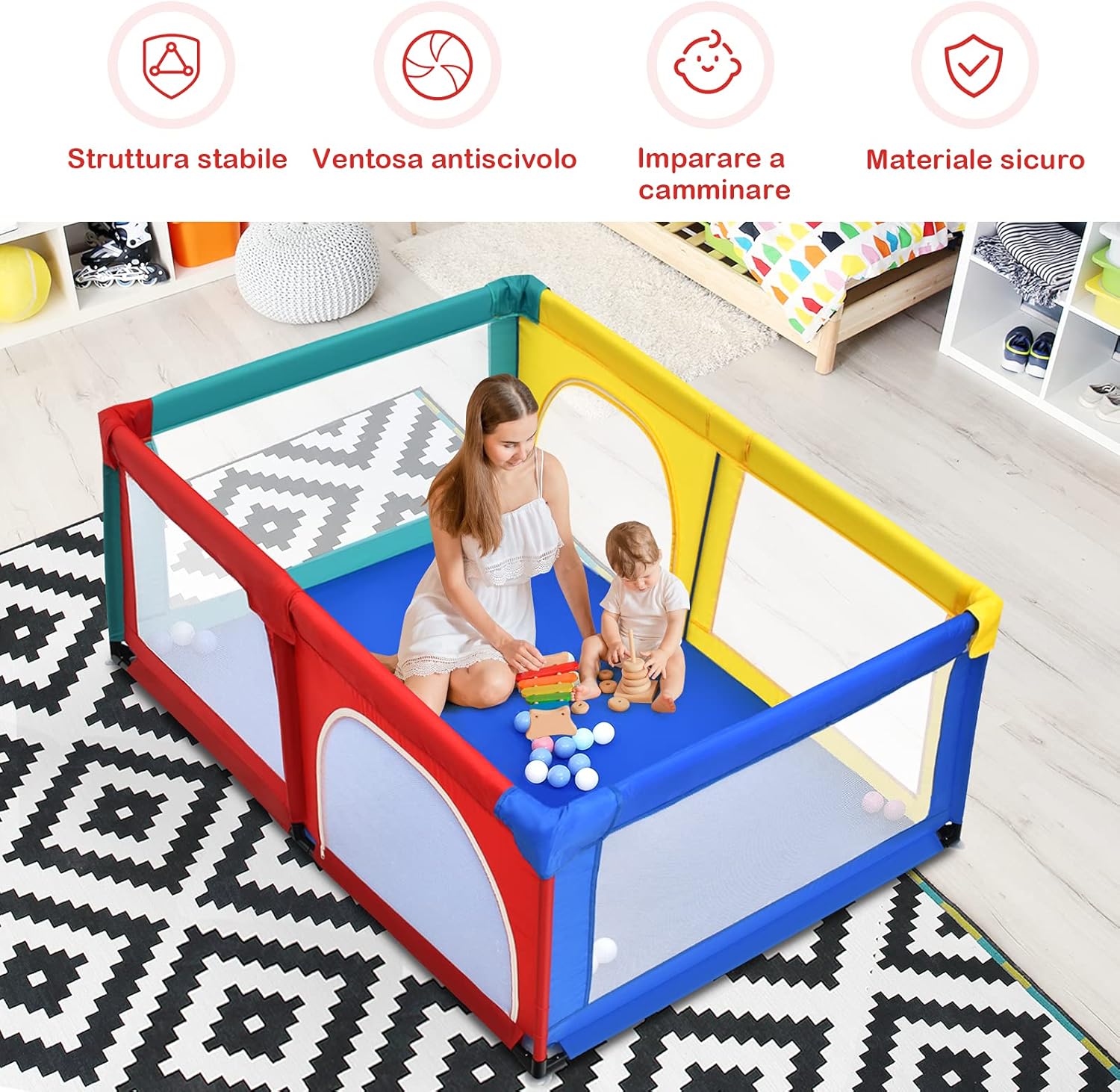 Box per Bambini, Centro Attività Portatile e Sicuro per Bambini, Box Colorato con Cancello, Recinto Extra per Interno ed Esterno con Rete Traspirante Durevole (Colorato)