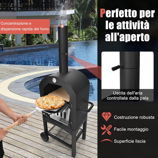 Forno per Pizza Portatile da Esterno, Rivestimento Impermeabile e Pala per Pizza, Forno Riscaldato a Legna con Piastra per Pizza, Fornello da Campeggio per Pizza, Nero