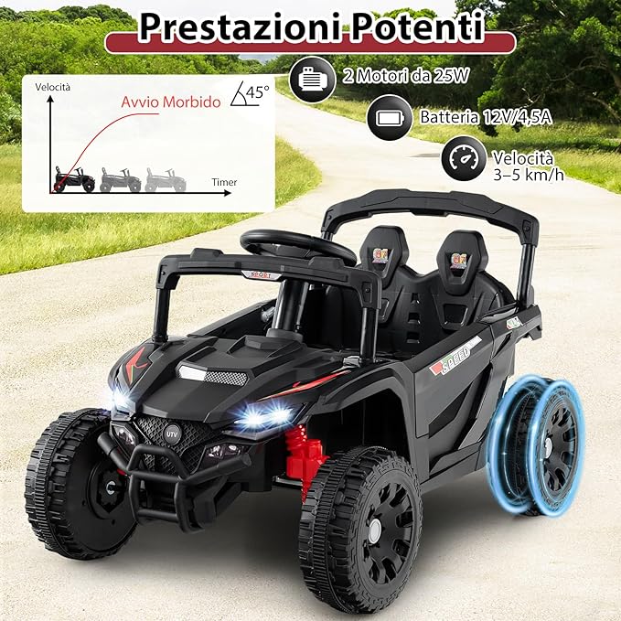 12V Macchina Elettrcia per Bambini, UTV Auto Elettrica con Telecomando, 3 Velocità, Luci LED, Musica, Clacson e Sospensioni a Molla, 3-5 km/h, Ideale per Bambini 3 Anni+ (Nero)