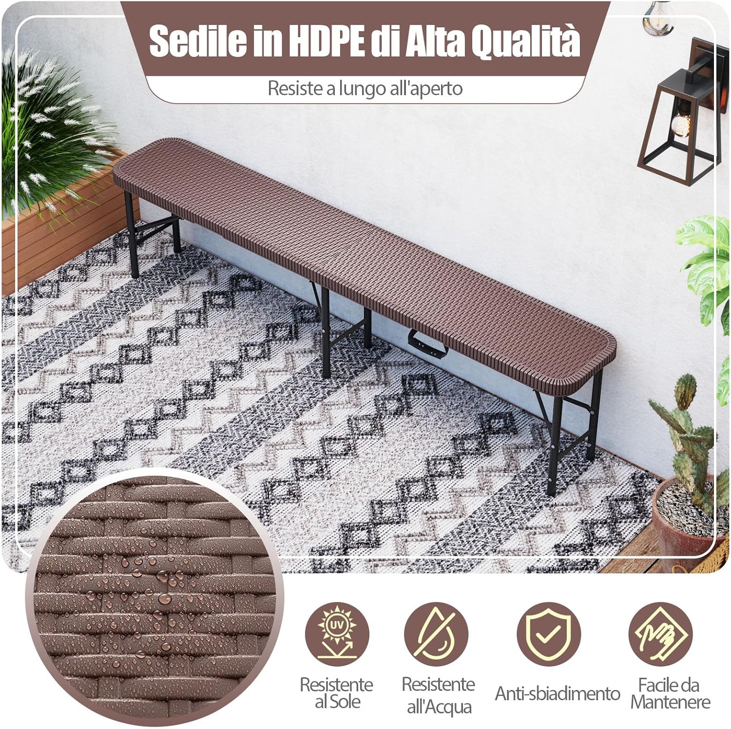 Panca da Giardino 180 cm, Panca Pieghevole da Picnic in HDPE, per Giardino Campeggio Festa, Portata 600 kg (Panca)