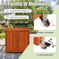 Armadio da Esterno in Legno, Casetta da Giardino con Ripiano Rimovibile e 4 Ruote Universali, Capanno Porta Attrezzi da Esterno e da Interno, 98,5 x 48 x 100 cm