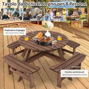 Set Tavolo da Giardino con 4 Panche Integrate, Legno Massiccio, con Foro Ombrellone, per 4-8 Persone, Tavolo Rotondo da Picnic per Esterno, Ogni Panca Porta 225 kg, 178 x 178 x 70 cm