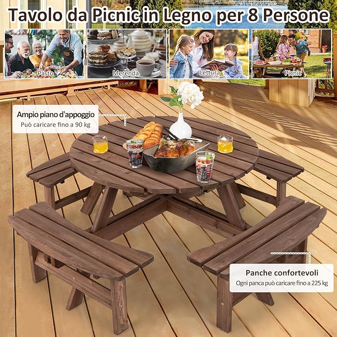 Set Tavolo da Giardino con 4 Panche Integrate, Legno Massiccio, con Foro Ombrellone, per 4-8 Persone, Tavolo Rotondo da Picnic per Esterno, Ogni Panca Porta 225 kg, 178 x 178 x 70 cm