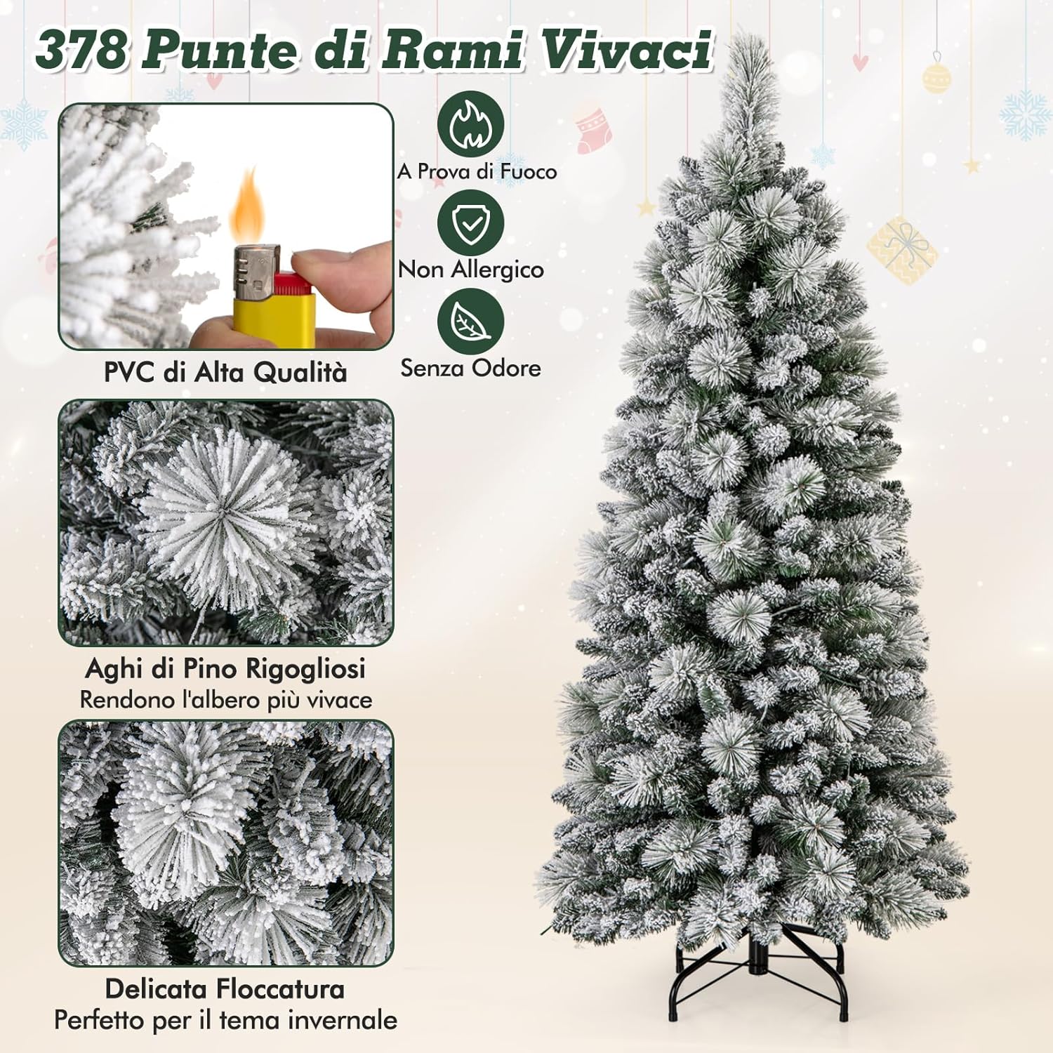 Albero di Natale Innevato 150 cm/180 cm, Albero di Natale Pop-Up con 130/170 Luci LED Bianco Caldo, Aghi di Pino, 378/517 Punte di Rami e Sezione Pieghevole & Supporto in Metallo (150 CM)