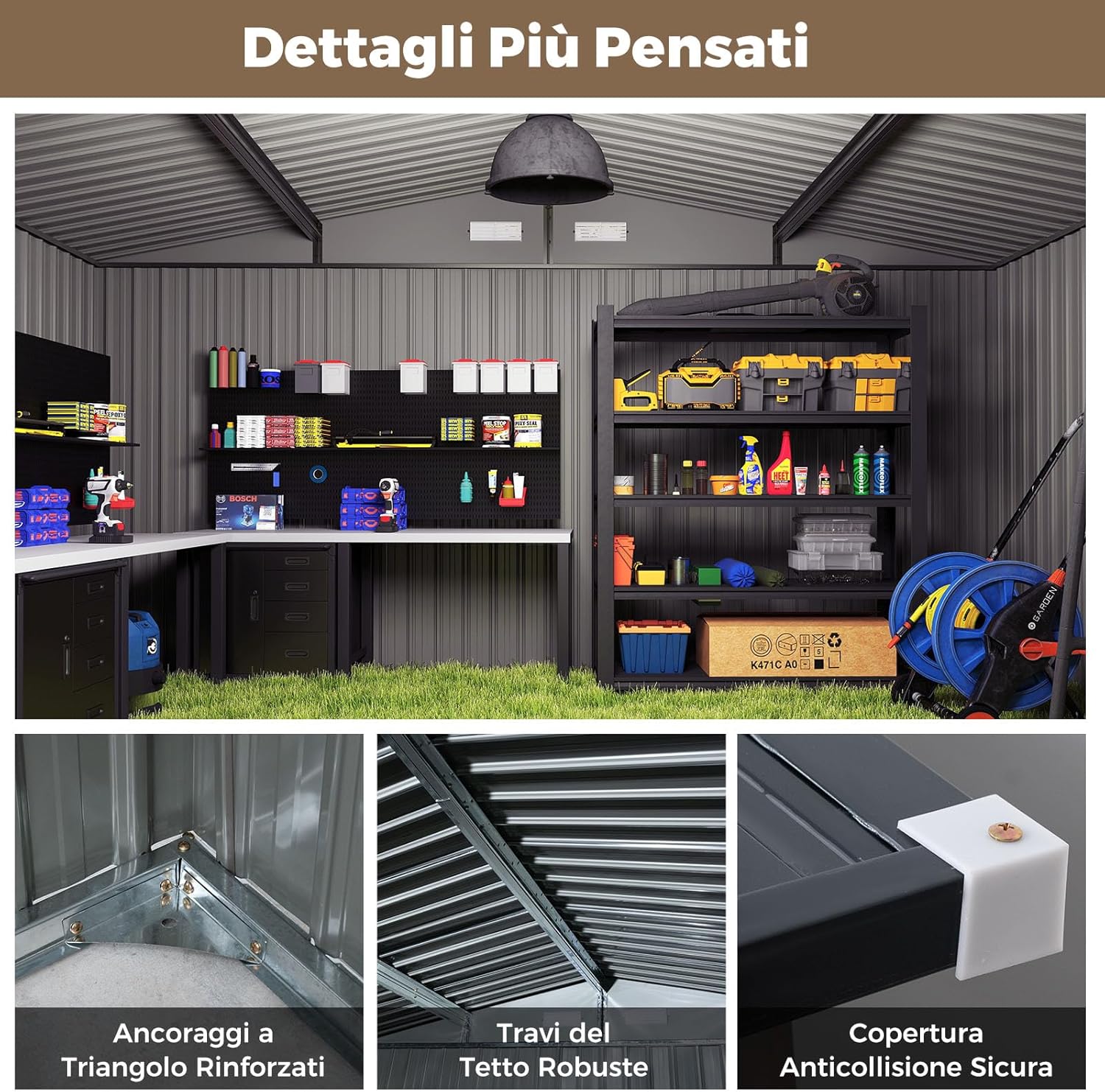 Capanno da Giardino, Casetta Porta Attrezzi con Tetto Inclinato, Porte Bloccabili e Chiavi e 4 Ventilazioni, Organizzatore per Attrezzi da Cortile e Patio, 350 x 350 x 198 cm