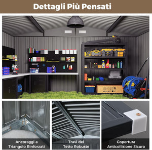 Capanno da Giardino, Casetta Porta Attrezzi con Tetto Inclinato, Porte Bloccabili e Chiavi e 4 Ventilazioni, Organizzatore per Attrezzi da Cortile e Patio, 350 x 350 x 198 cm