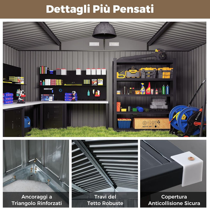 Capanno da Giardino, Casetta Porta Attrezzi con Tetto Inclinato, Porte Bloccabili e Chiavi e 4 Ventilazioni, Organizzatore per Attrezzi da Cortile e Patio, 350 x 350 x 198 cm