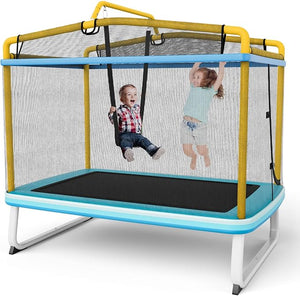 Trampolino Rettangolare per Bambini 3-in-1 190 x 124 cm, Tappetto Elastico per Bambini da Esterno ed Interno con Rete, Altalena, Barra, Copertura e Design senza Fessure