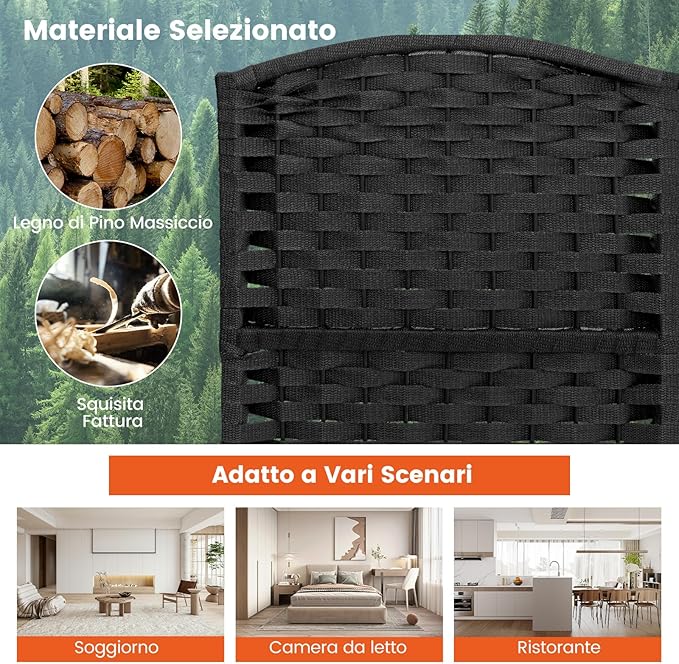 Paravento Pieghevole a 6 Pannelli, Pannelli Divisori da Interno con Texture Intrecciata a Mano e Telaio in Legno, Separé Divisorio a Parete Autoportante per Casa, Ufficio e Negozio (Nero)