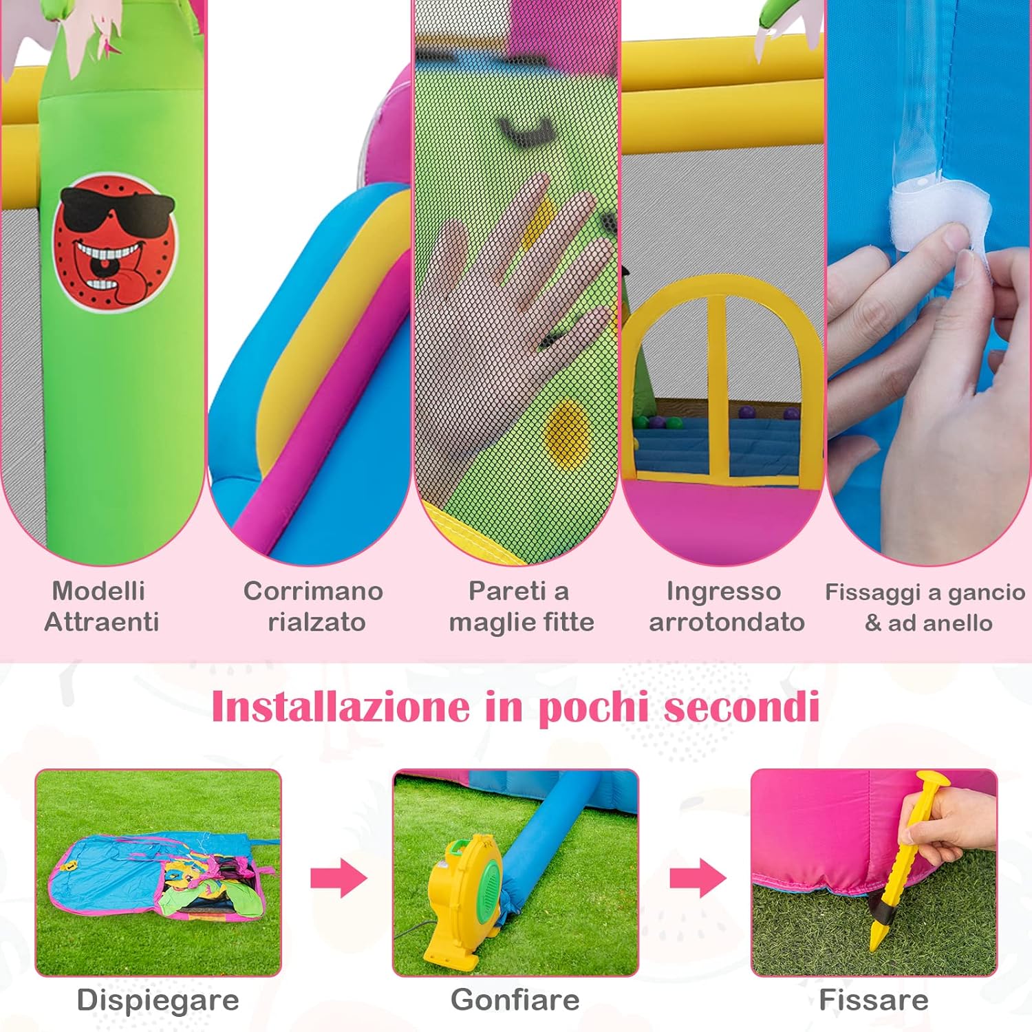 Castello Gonfiabile Fenicottero con Soffiatore 680W, Gonfiabile per Bambini con Scivolo, Area di Salto, Piscina e 50 Palline, Spruzzi, Arrampicata, Cannone e Canestro, 300 x 450 x 260 cm