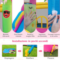 Castello Gonfiabile Fenicottero con Soffiatore 680W, Gonfiabile per Bambini con Scivolo, Area di Salto, Piscina e 50 Palline, Spruzzi, Arrampicata, Cannone e Canestro, 300 x 450 x 260 cm