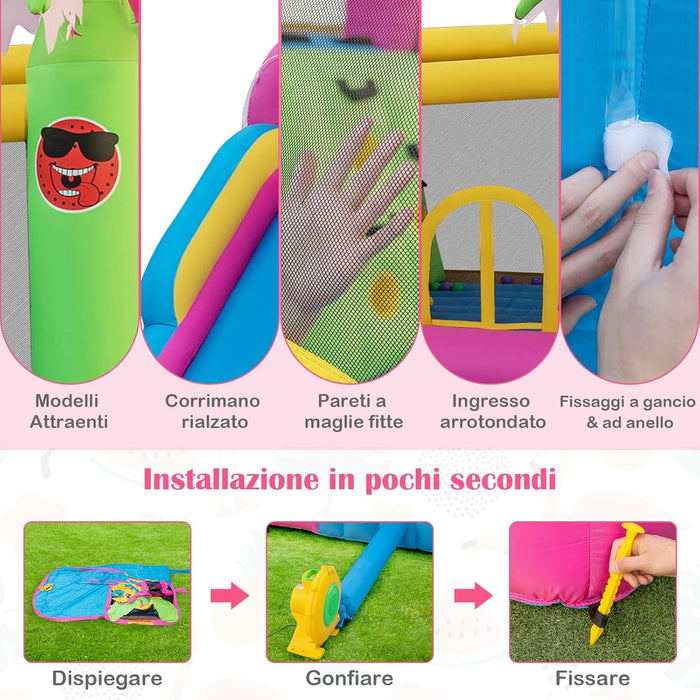 Castello Gonfiabile Fenicottero con Soffiatore 680W, Gonfiabile per Bambini con Scivolo, Area di Salto, Piscina e 50 Palline, Spruzzi, Arrampicata, Cannone e Canestro, 300 x 450 x 260 cm