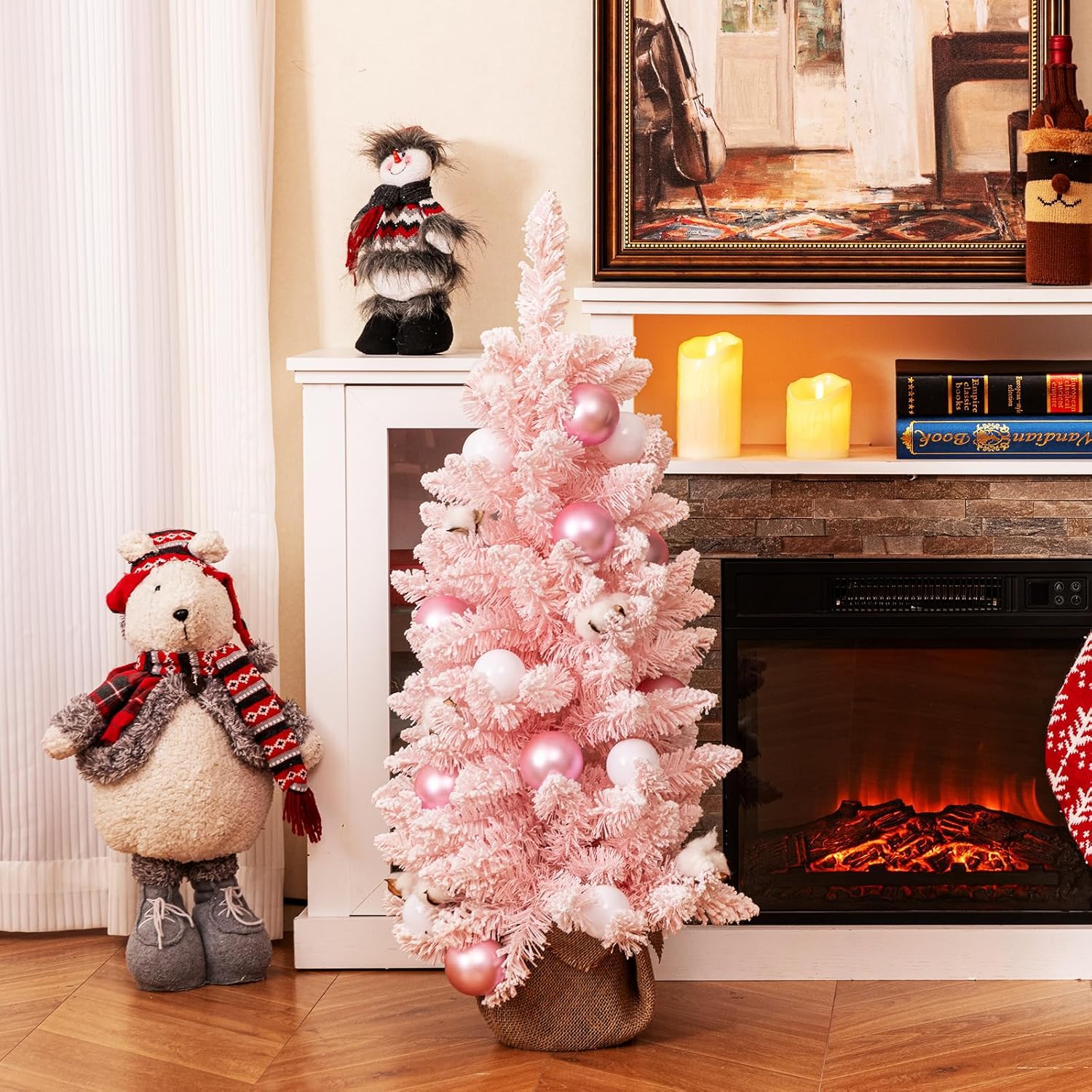 Albero di Natale Artificiale Mini 90 cm, Albero di Natale Innevato da Tavolo con 12 Palline di Cotone Naturale, 24 Palline Decorative e Rami Imbiancati, Decorazione per Feste (Rosa)