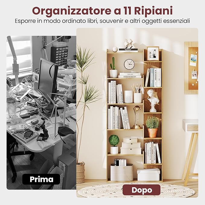 Libreria a 6 Ripiani, Scaffale Alto Salvaspazio in Legno, Libreria Moderna per Studio, Ufficio, Soggiorno e Camera da Letto, 69 x 22 x 163 cm (Naturale)