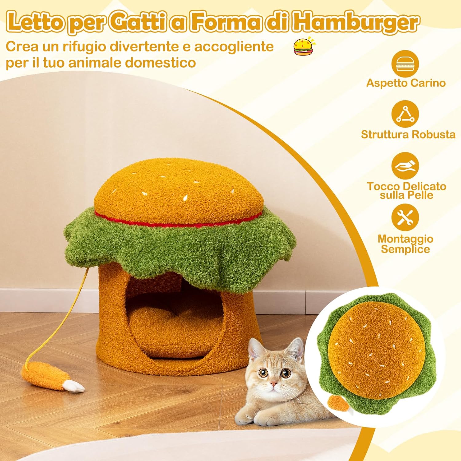 Cuccia per Gatti Carino, Condominio per Gatti a Forma di Hamburger con Cuccia Imbottita, Giocattolo Morbido Sospeso e Cuscino Morbido Rimovibile e Lavabile, Casa per Gattini, 37 x 37 x 41 cm