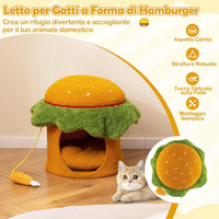 Cuccia per Gatti Carino, Condominio per Gatti a Forma di Hamburger con Cuccia Imbottita, Giocattolo Morbido Sospeso e Cuscino Morbido Rimovibile e Lavabile, Casa per Gattini, 37 x 37 x 41 cm