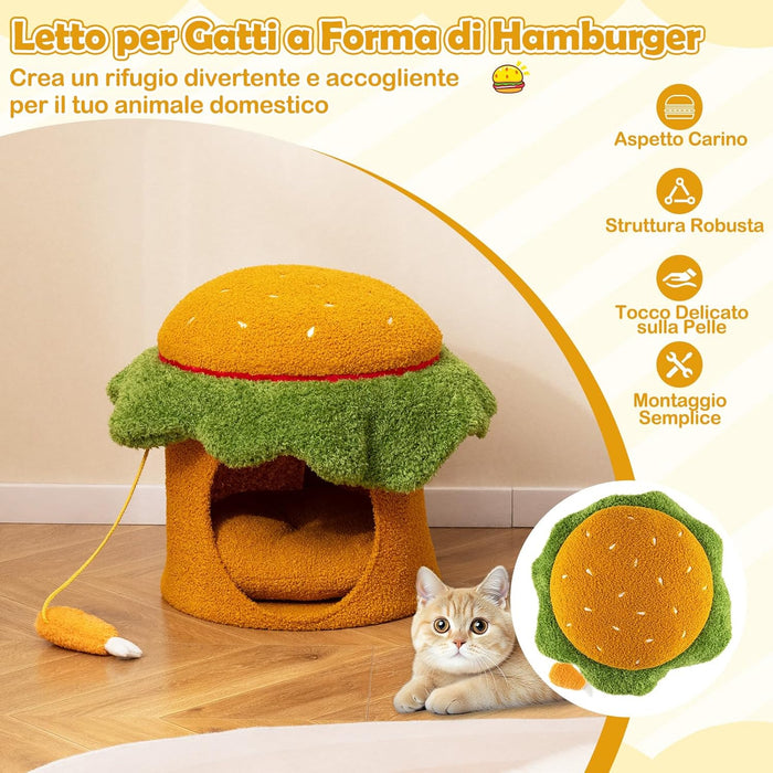 Cuccia per Gatti Carino, Condominio per Gatti a Forma di Hamburger con Cuccia Imbottita, Giocattolo Morbido Sospeso e Cuscino Morbido Rimovibile e Lavabile, Casa per Gattini, 37 x 37 x 41 cm