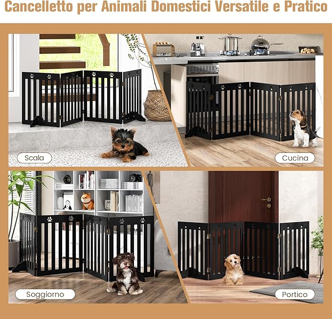 Cancelletto di Sicurezza Pieghevole, Barriera per Animali Domestici, in Legno, 4 Pannelli, 203 x 60 x 1,5 cm (Marrone)