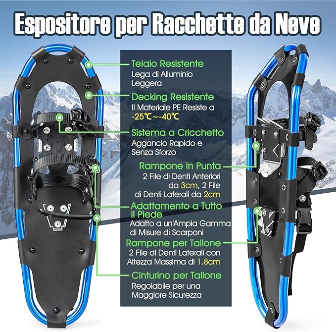 Set 4 in 1 Ciaspole da Neve 53/63/78 cm per Uomini, Donne e Ragazzi con Sistema di Fissaggio, Telaio in Alluminio, Bastoncini da Trekking, Ghette Gambe Impermeabile e Borsa