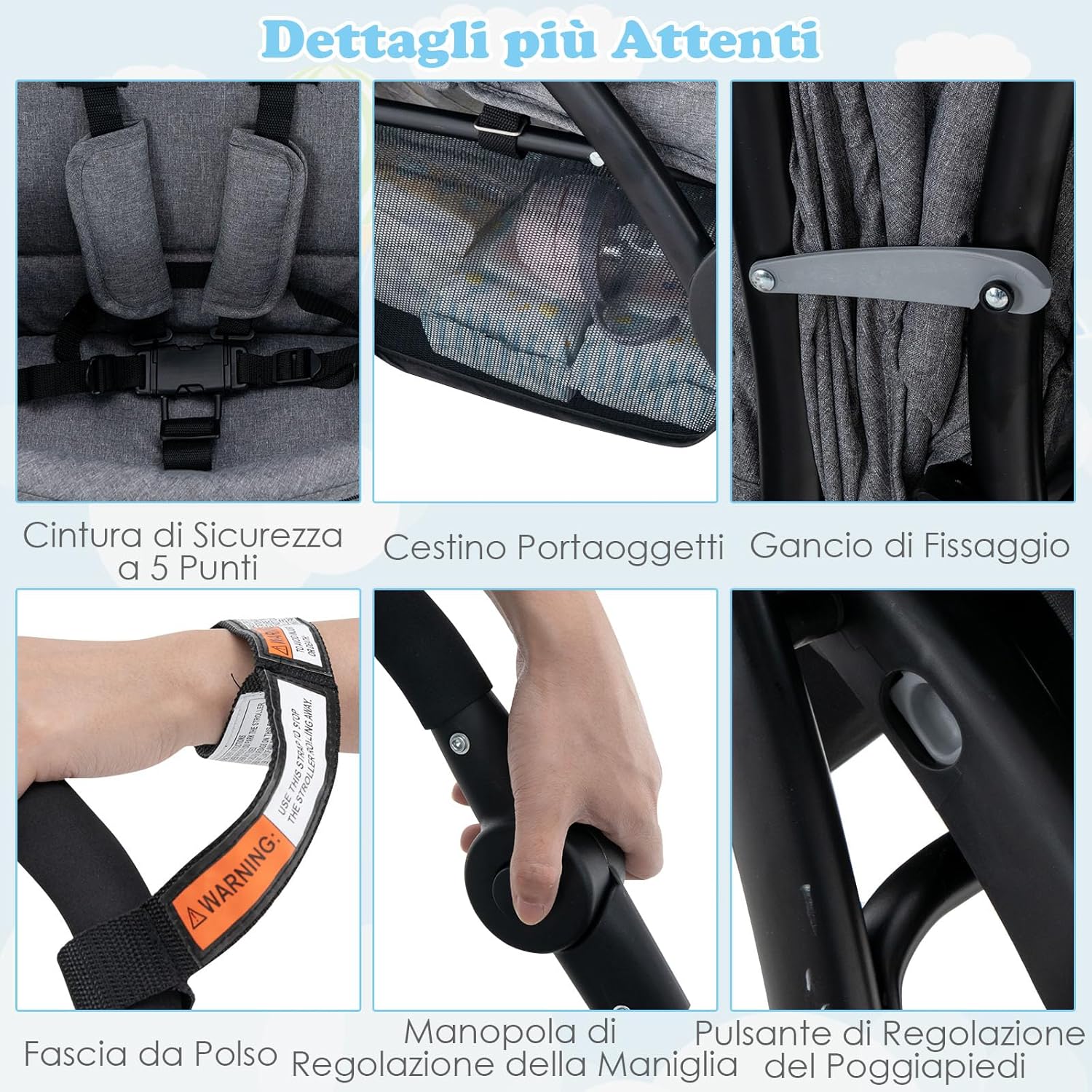 Passeggino Doppio Pieghevole per Bambini, Passeggino Gemellare Pieghevole, con Seduta in Tandem e Tettuccio, Schienale Regolabile, Ruote Bloccabili e Antiurto, Portata Totale 30 kg (Grigio)