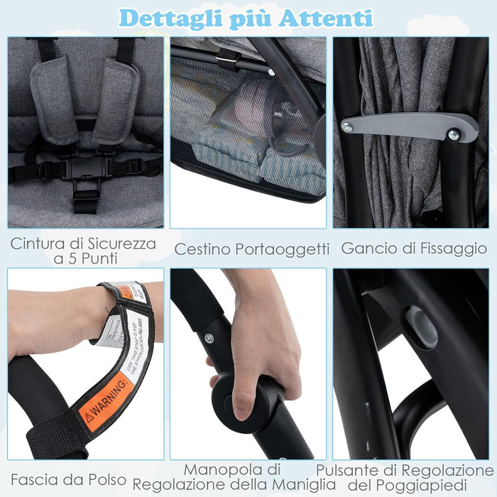 Passeggino Doppio Pieghevole per Bambini, Passeggino Gemellare Pieghevole, con Seduta in Tandem e Tettuccio, Schienale Regolabile, Ruote Bloccabili e Antiurto, Portata Totale 30 kg (Grigio)